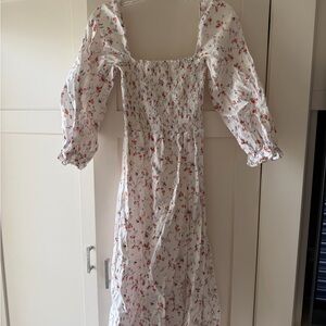 Reformation White Long Sleeve Dress with Red Floral Pattern